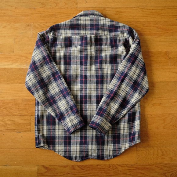 Vintage Sears Roebuck Plaid Wool Flannel Shirt Jacket Blue Tan Mens Medium - Picture 7 of 9